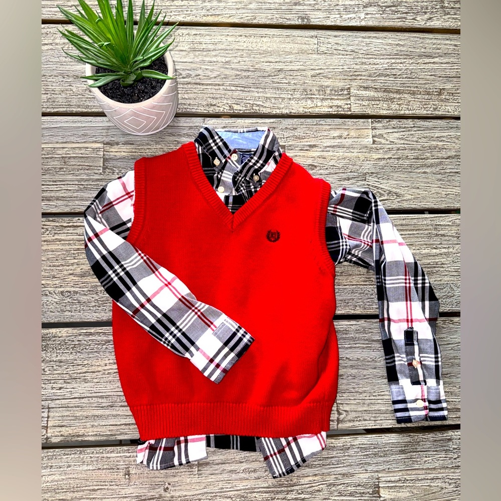 Boys CHAPS Plaid Dress Shirt and Wool Red Vest, Sz 6-7 (XS)